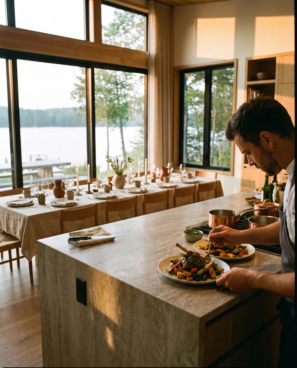 A private chef plating dinner in a bright open kitchen, a long table set behind