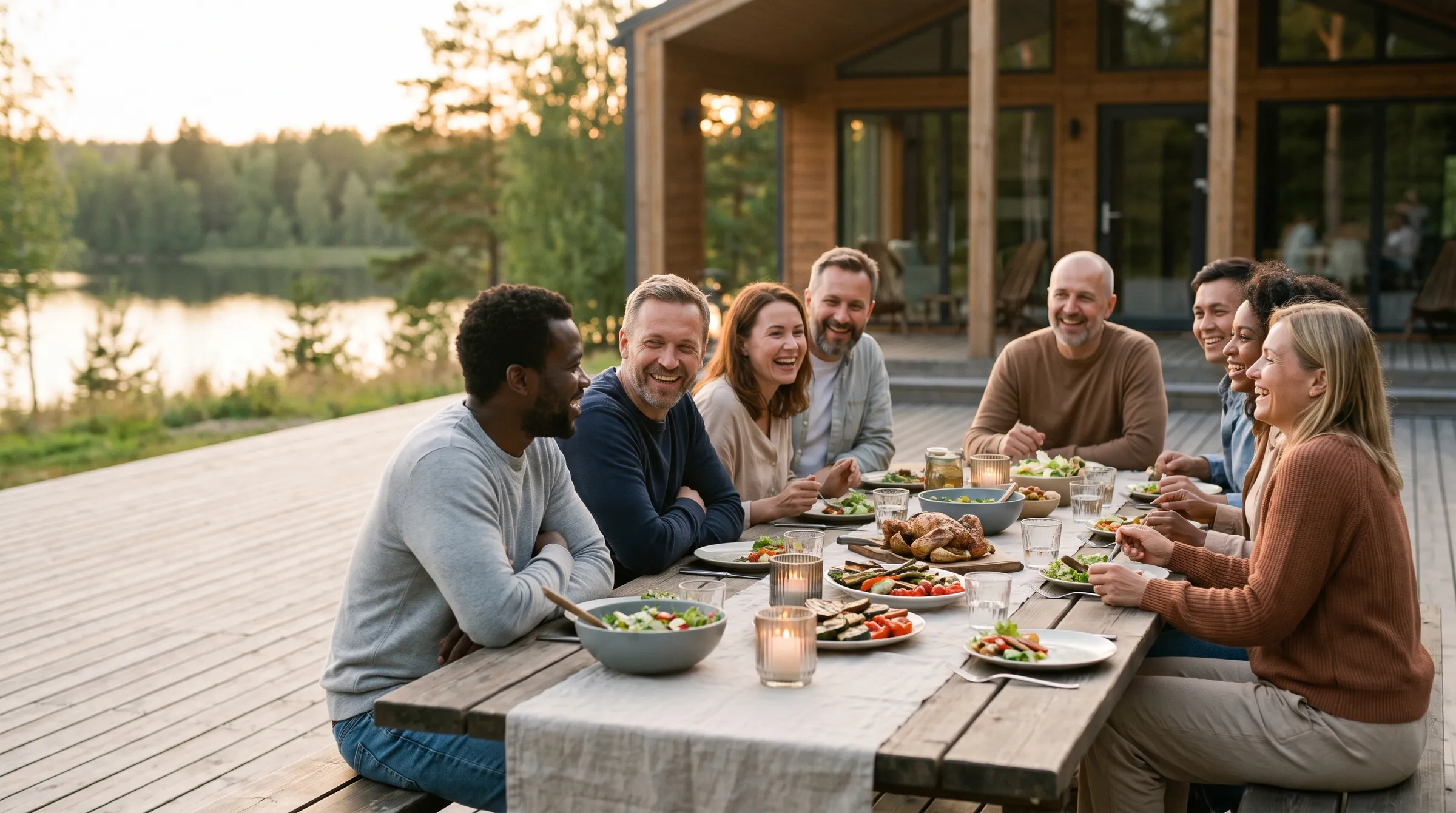 Friends laughing over dinner at a long table on the deck of a lakeside home at golden hour