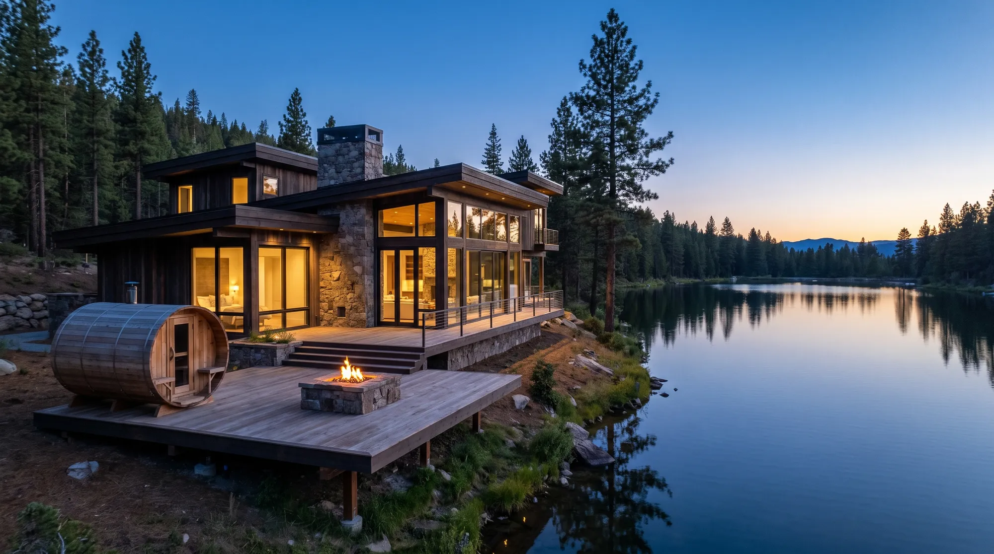 A modern glass and cedar home on a forest lake at dusk, with a sauna and fire pit on the deck