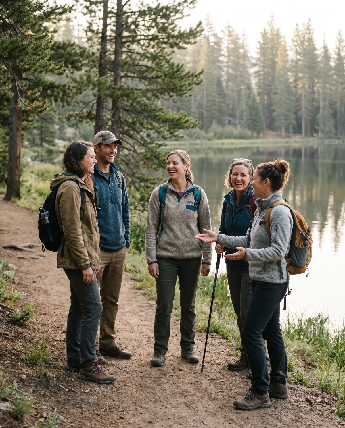 A small group laughing together on a lakeside trail