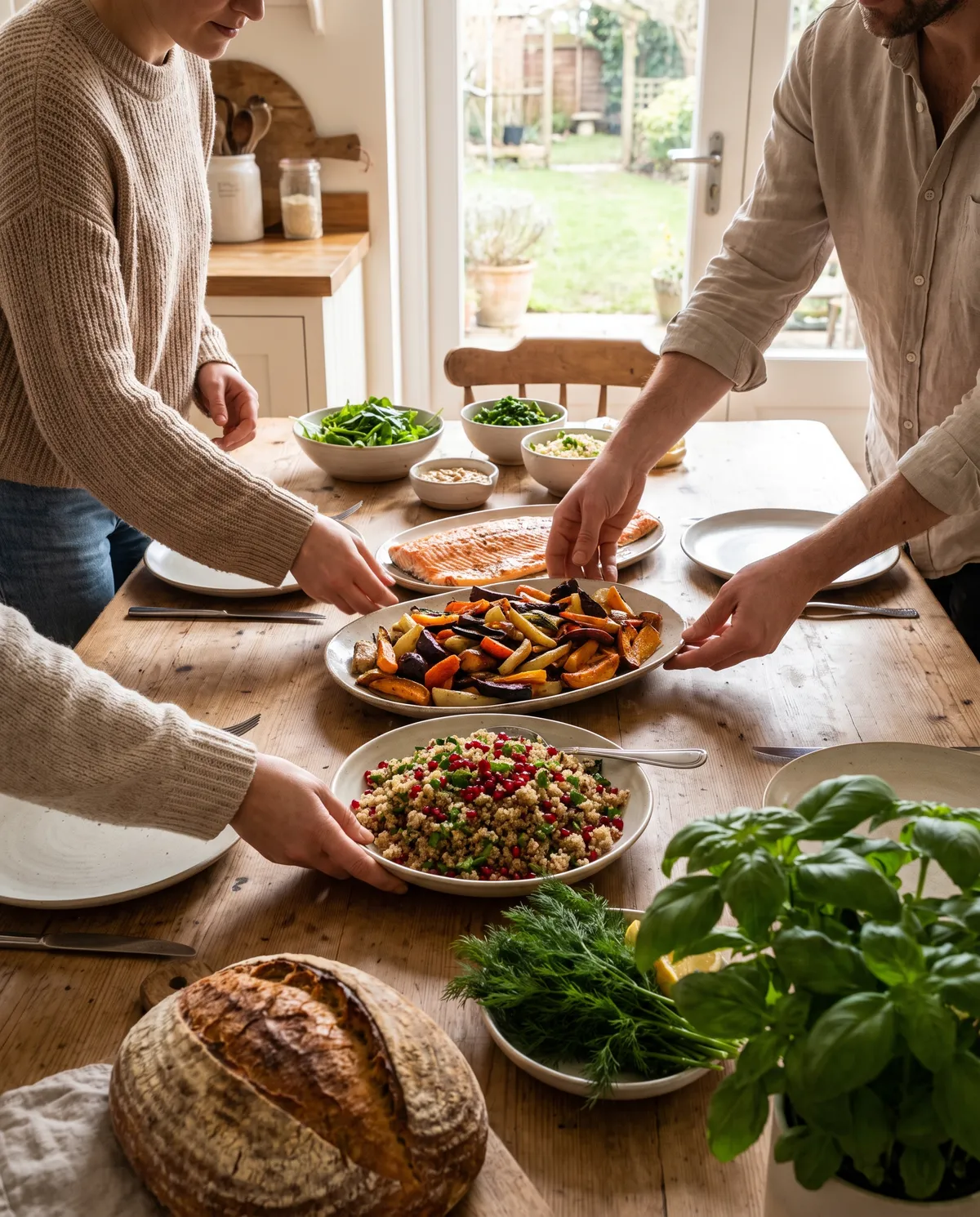 Hands passing platters of roasted vegetables, salmon and grains