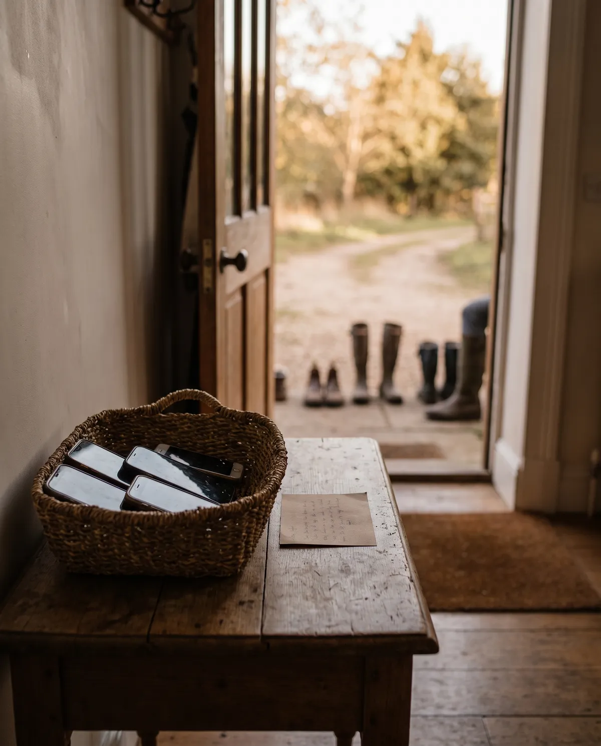A basket of phones left by the door as a group heads outside