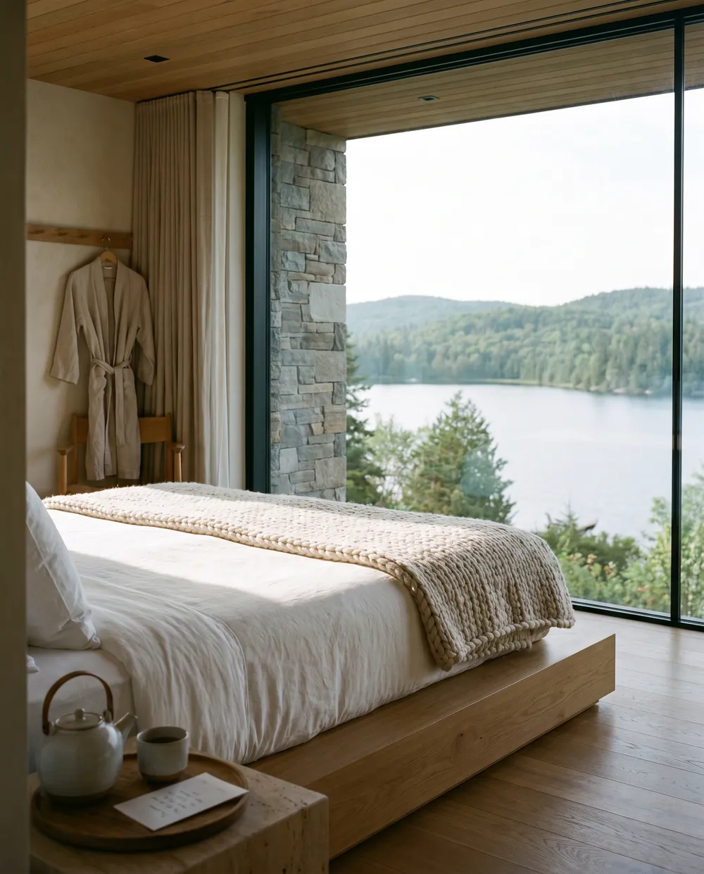 A calm bedroom with white linen, a robe and a window onto trees and water