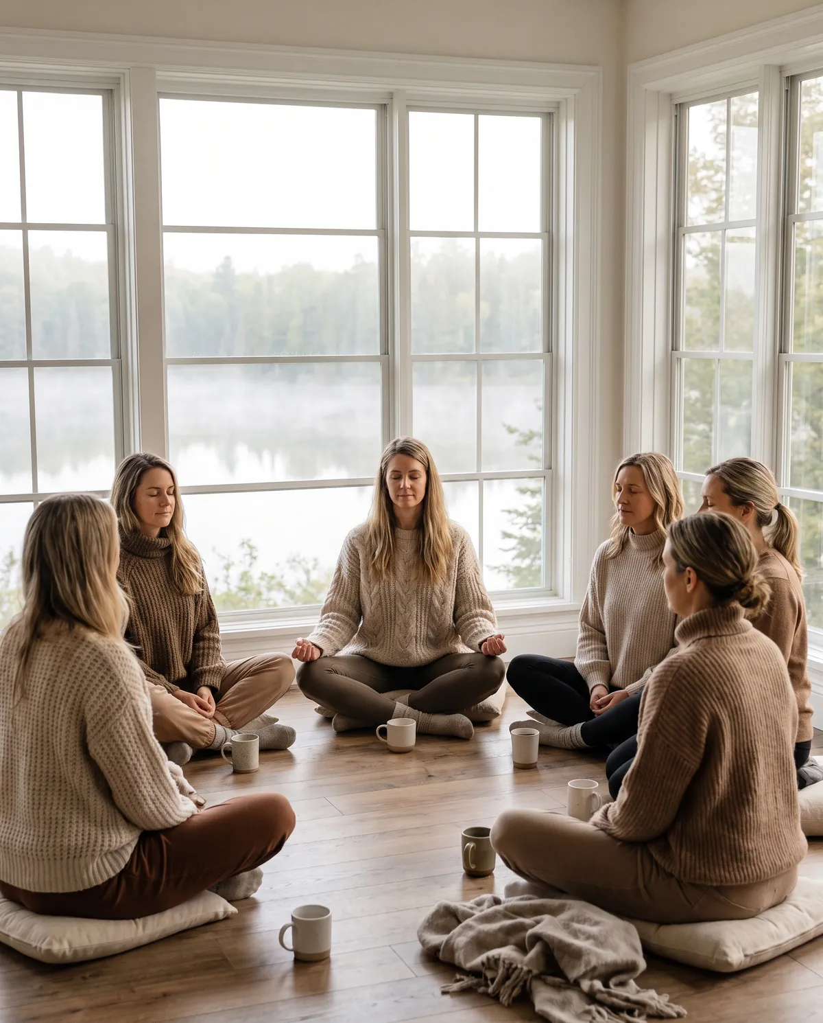 A group meditating in a bright room overlooking a misty lake